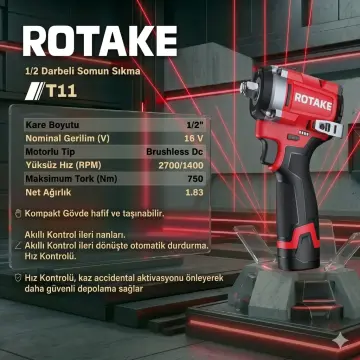 Rotake 1/2 T11 Şarjlı Somun Sökme Sıkma Makinesi 750Nm